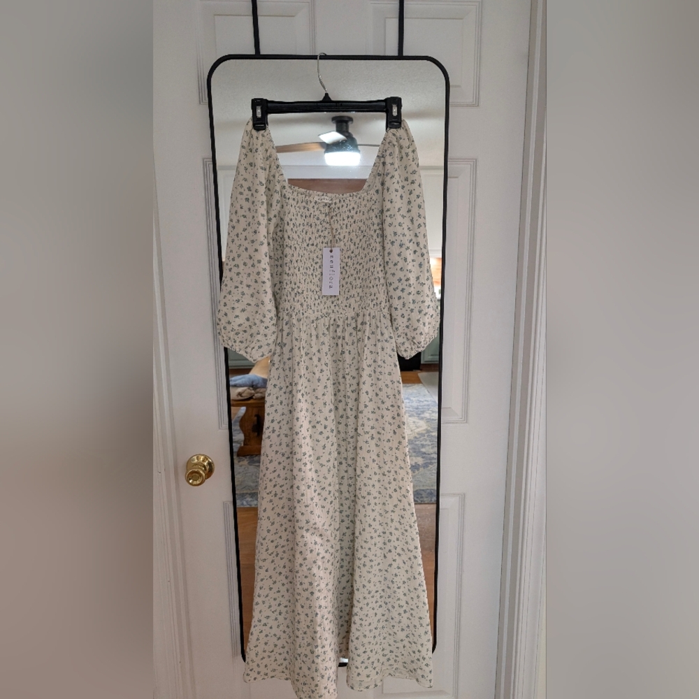 Cream Smocked Midi Dress with Bishop Sleeves